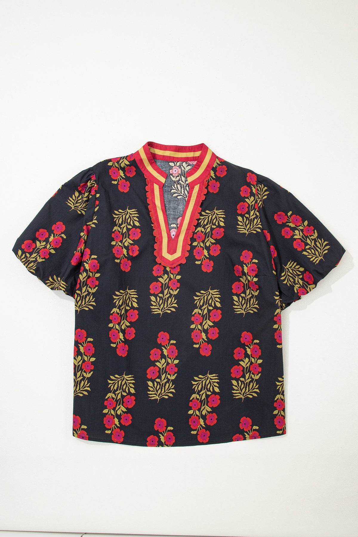 White Plus Size Floral Print Ricrac Striped Trim Short-Sleeve Cotton Blouse