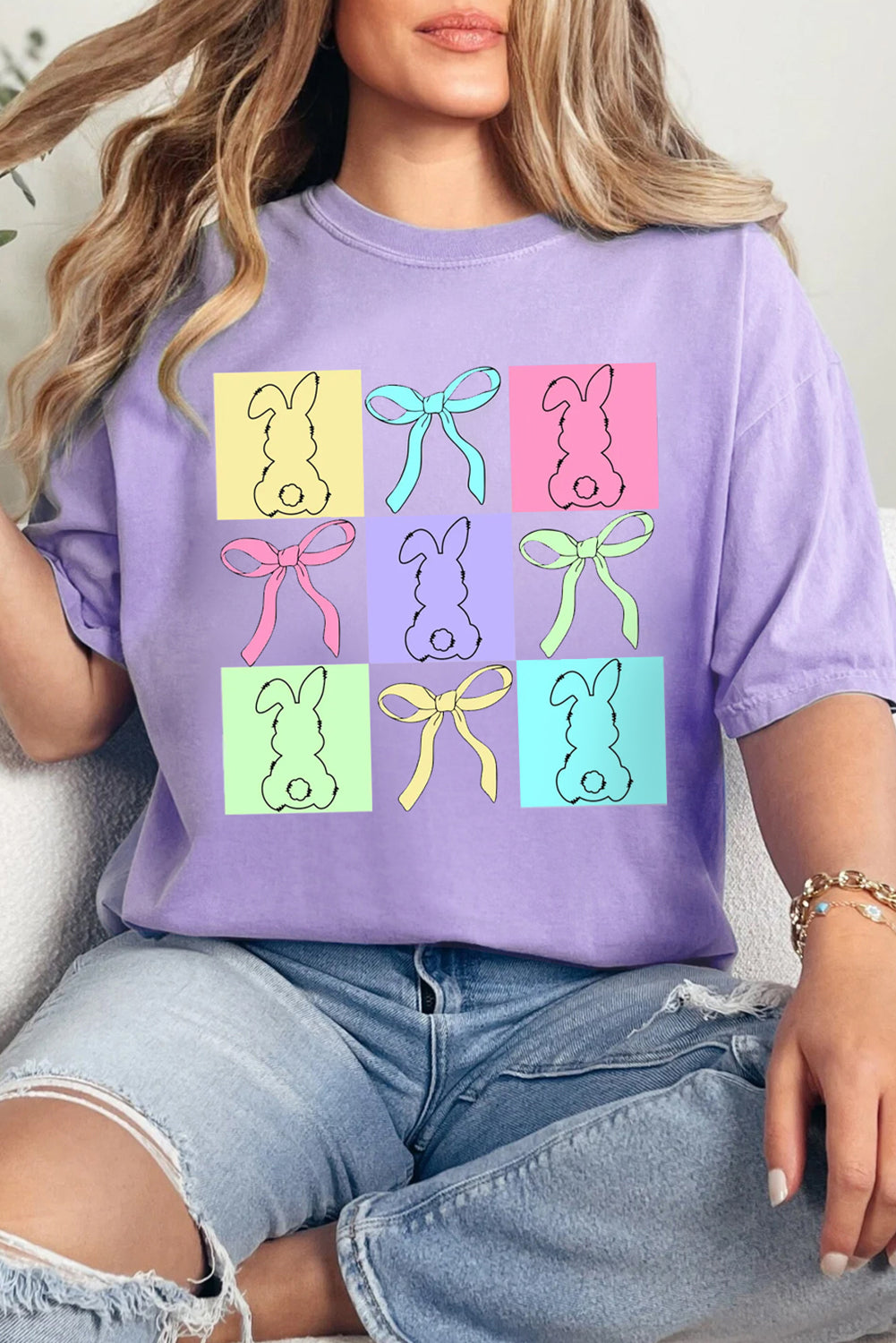 Wisteria Bunny Bow Plaid Print Easter Fashion Tee