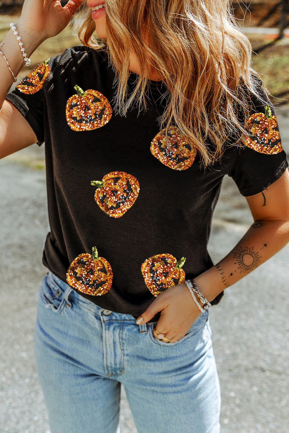 Black Sequin Pumpkin Face Halloween T-Shirt