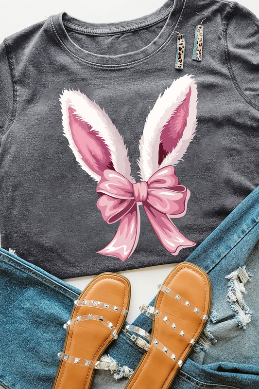 Gray Bunny Ear Bow Printed Easter Fashion T-Shirt