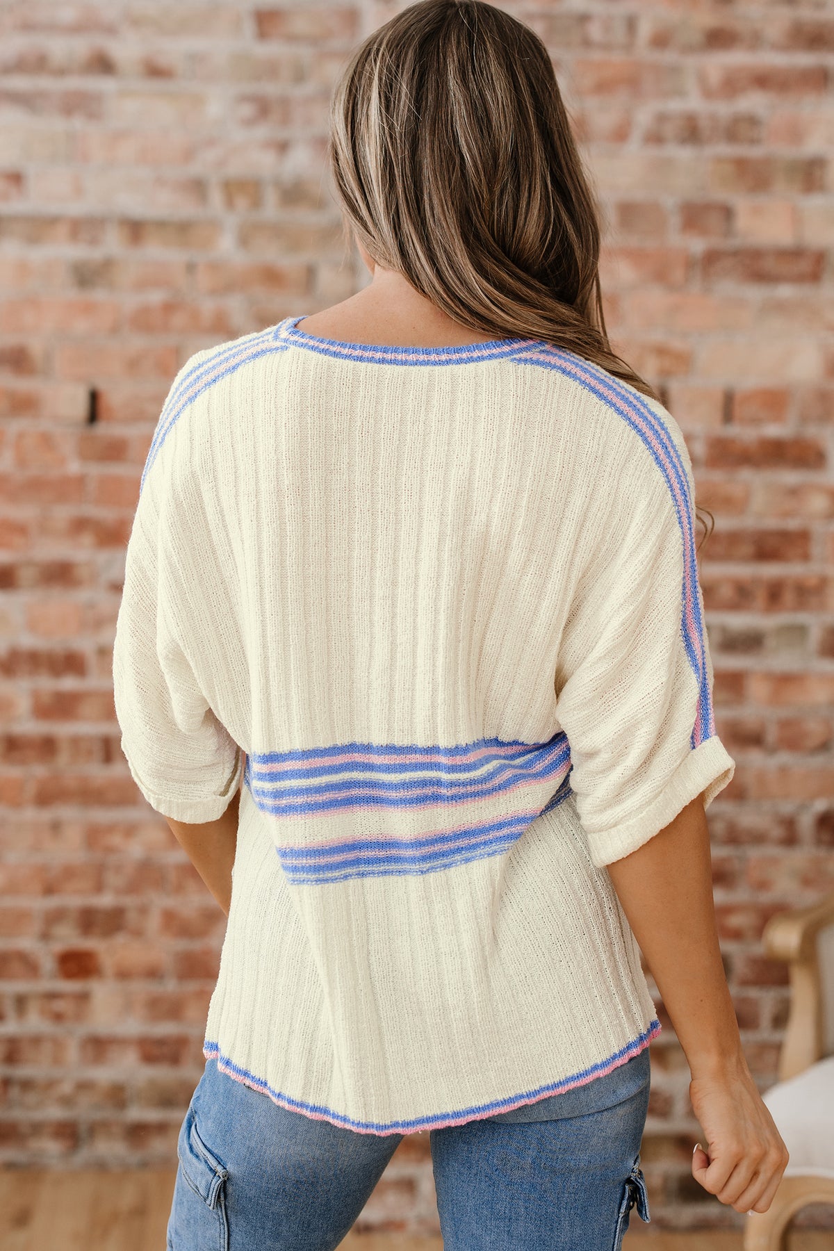 White Striped V Neck Dolman Sleeve Rib Knit Oversized Sweater with Slits