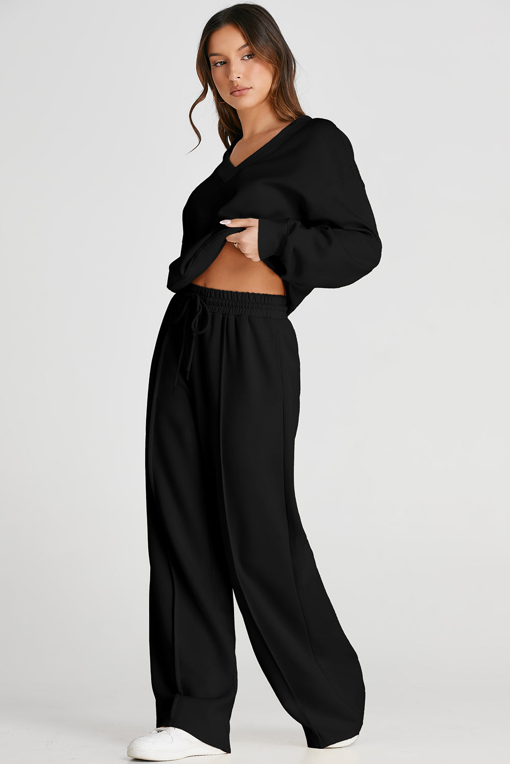 Black V Neck Cropped Seamed High Waist Activewear Set