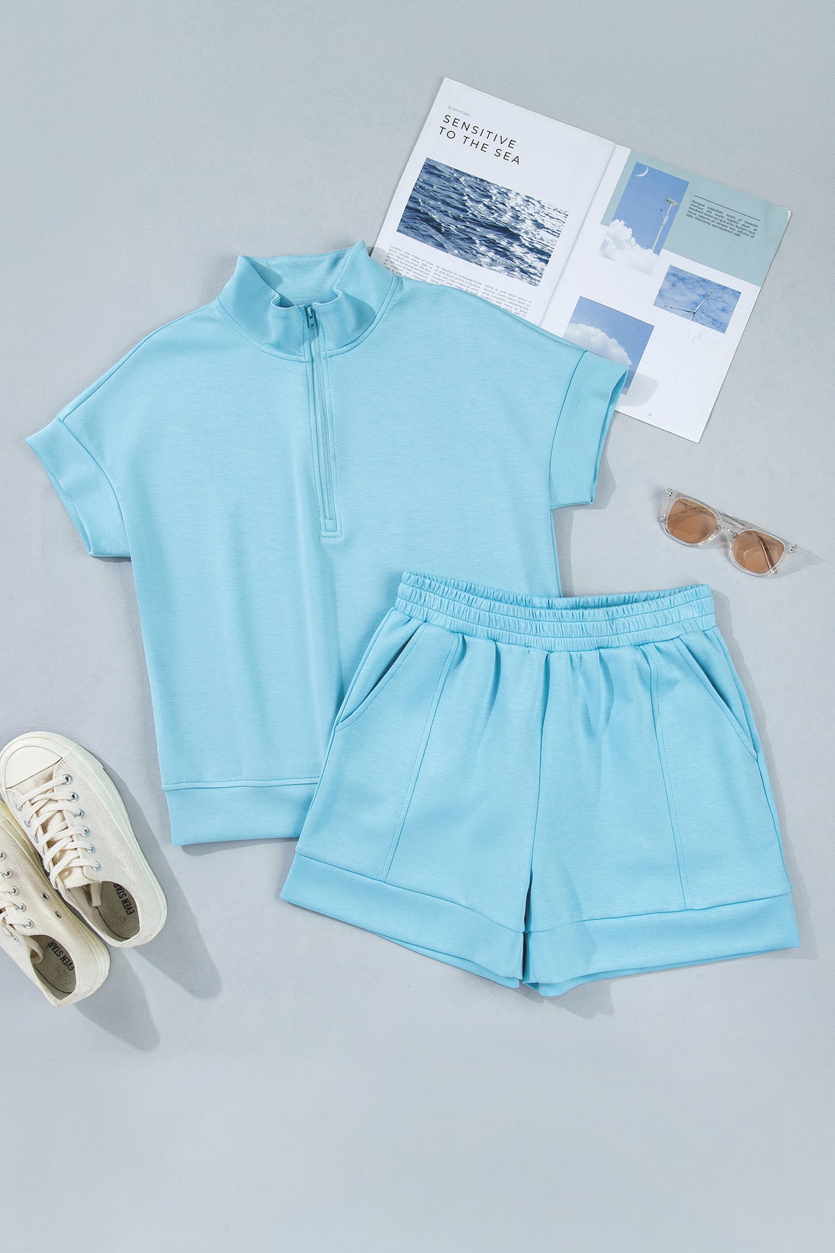Women's Myosotis Half Zip High Neck Tee Athleisure Shorts Two-Piece Set