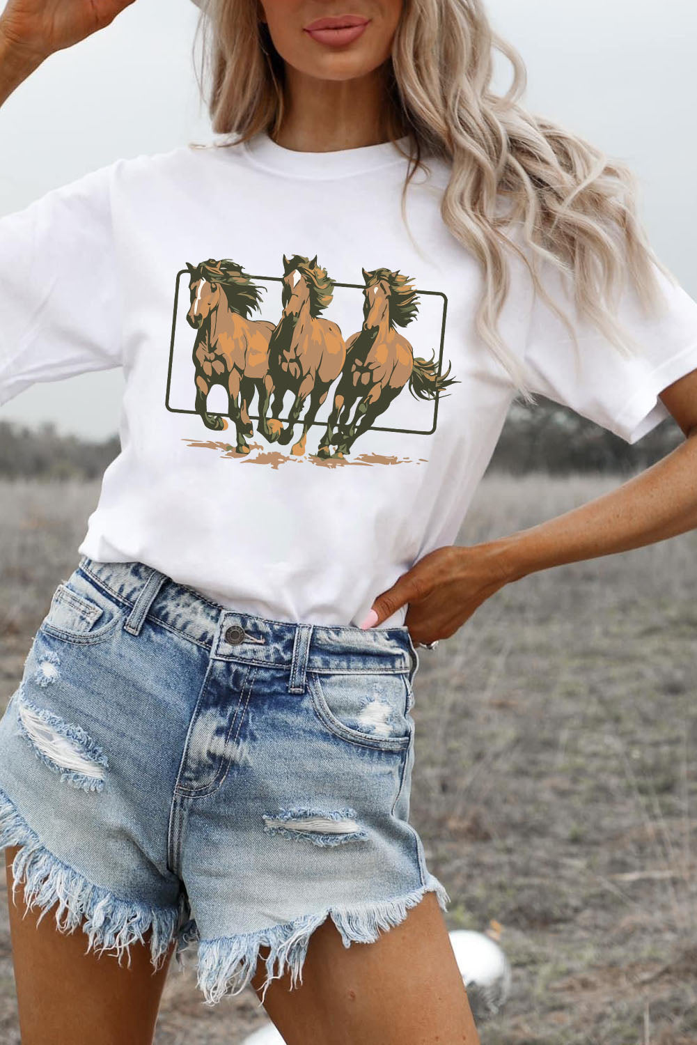 White Texas Horse Graphic Cuffed Sleeve Graphic T-Shirt