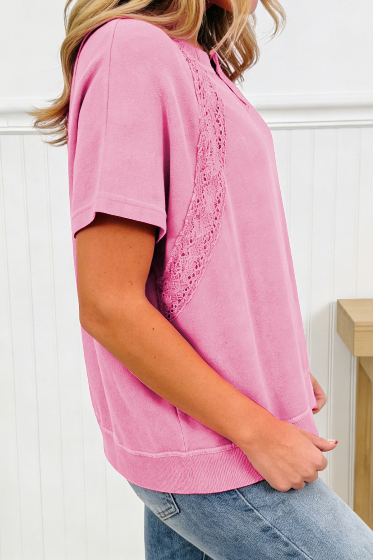 Pink Raw Cut Notched Neck Lace Patchwork Detail Mineral Wash Tee