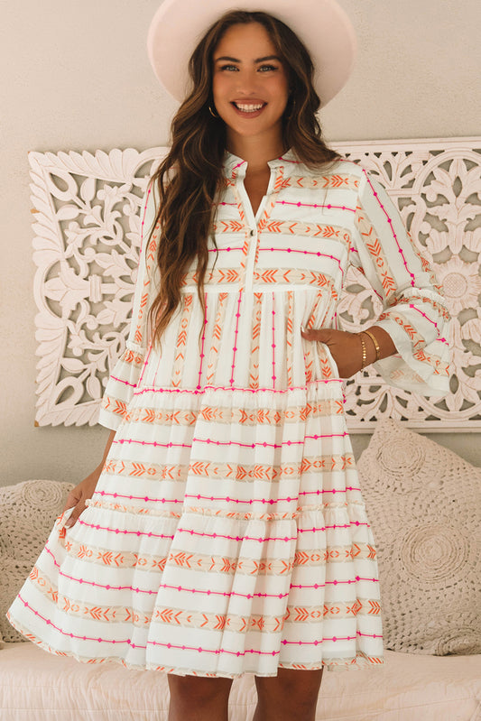 Orange Bohemian Bracelet Sleeve Slit Neck Ruffled Loose Dress