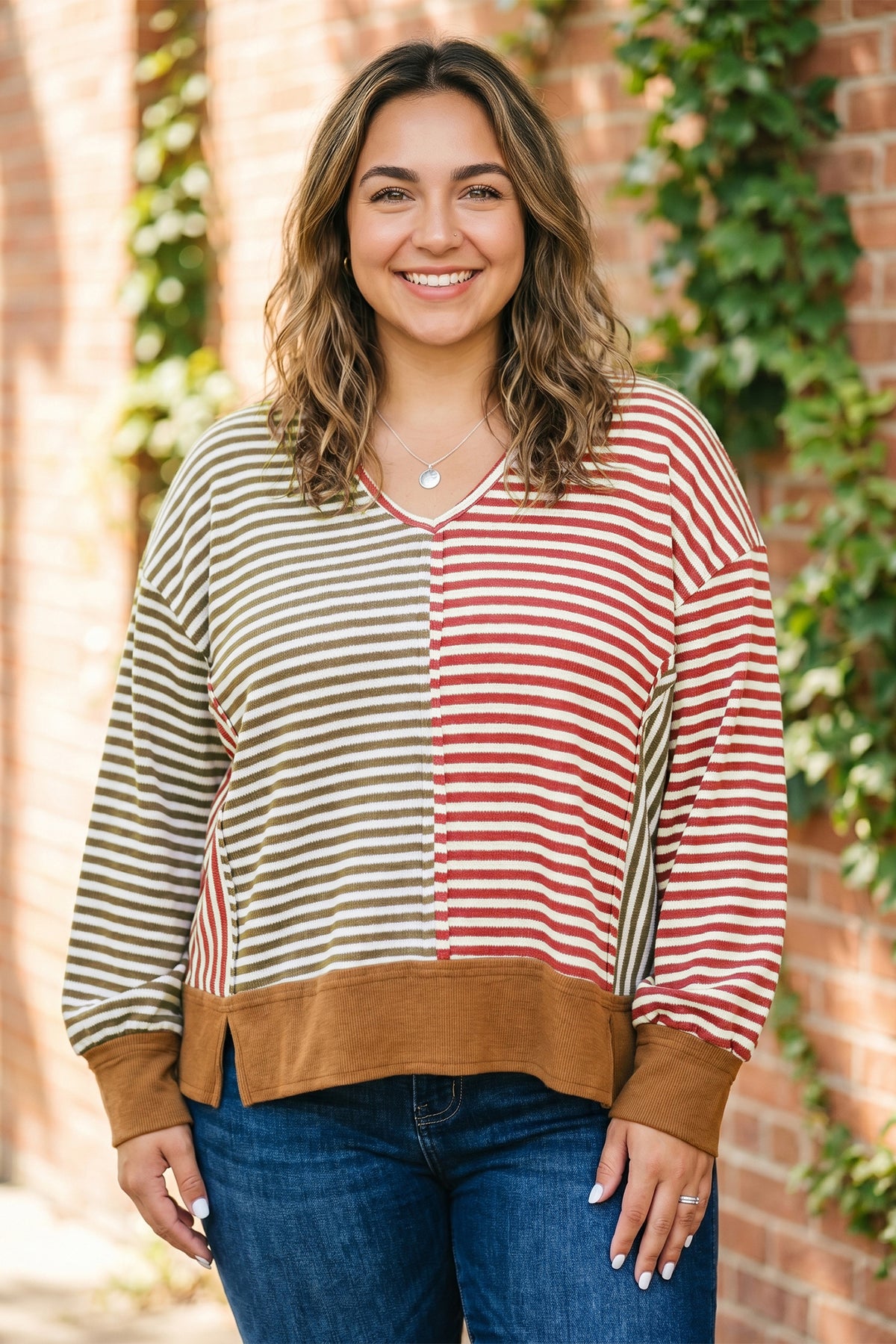 Brown Stripe Striped Color-Block V-Neck Oversized Long-Sleeve Plus Size Blouse