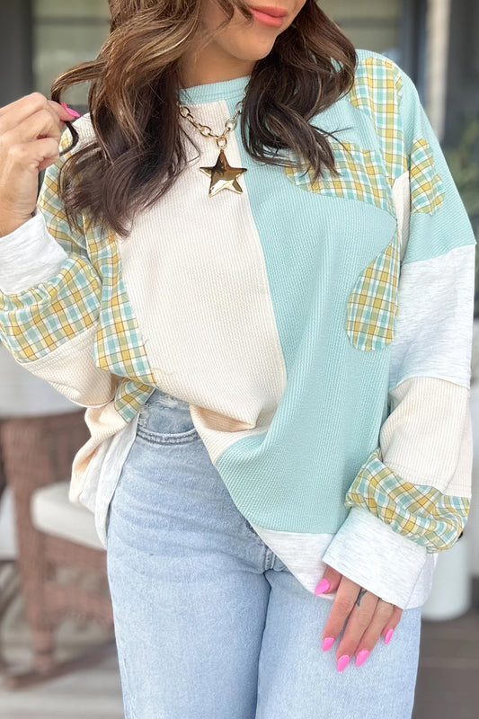 Light Blue Plaid Patchwork Round Neck Top
