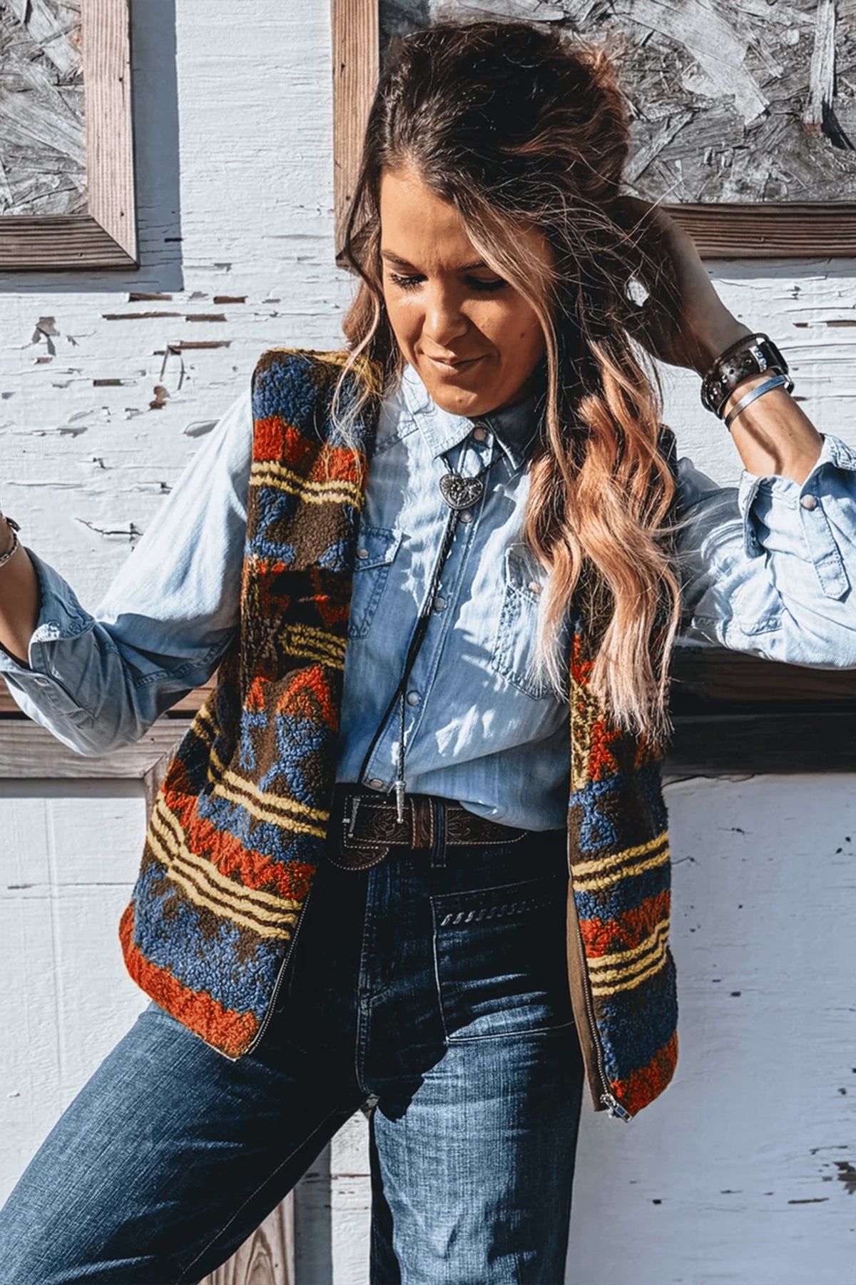 Multicolour Western Faux Fur Metal Zipper Insert Pockets Sleeveless Vest