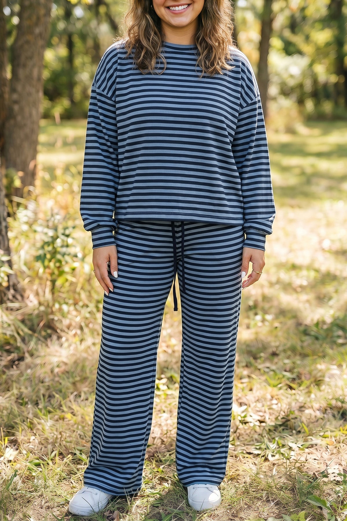 Blue Stripe Long-Sleeve Drawstring-Waist Plus Size Lounge Pants Set
