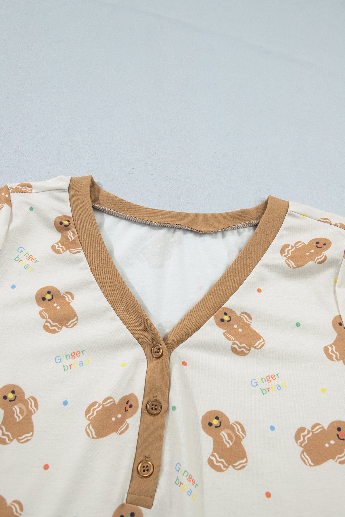 Khaki Abstract Gingerbread Print Colorblock Long Sleeve Lounge Set