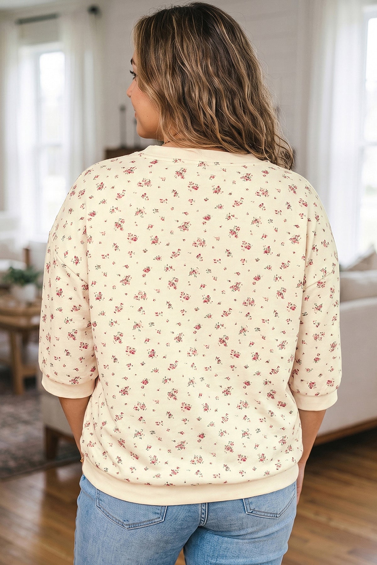 Beige Floral Print Color-Block Cuffs Hem Plus Size Blouse