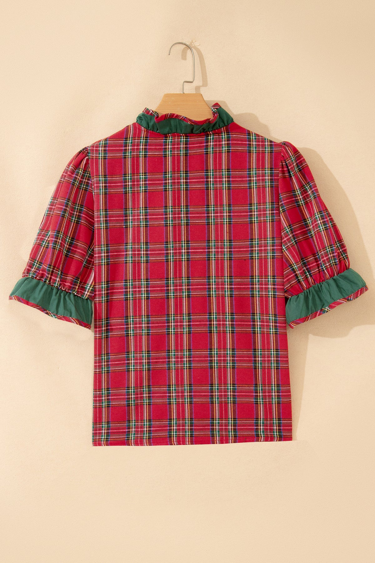 Red Plaid V Neck Ruffle Color Block Short Sleeve Shirt