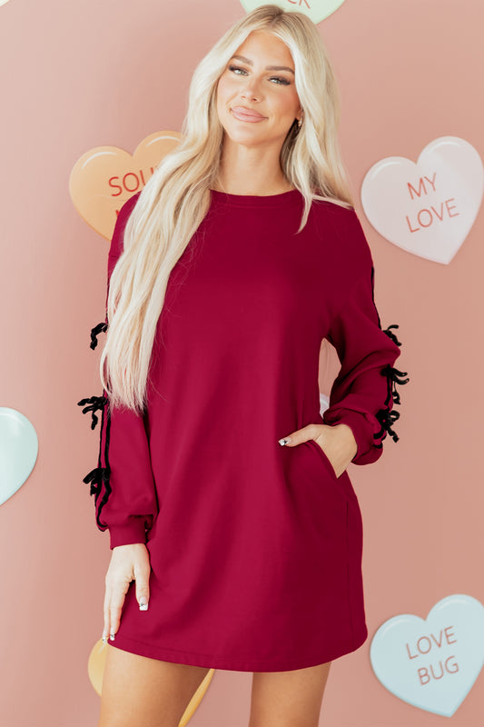 Racing Red Contrast Striped Bow Detail Sweatshirt Dress with Pockets