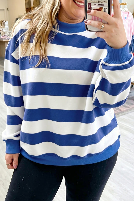 Blue Stripe Ribbed Trim Stand Neck Dropped Sweatshirt