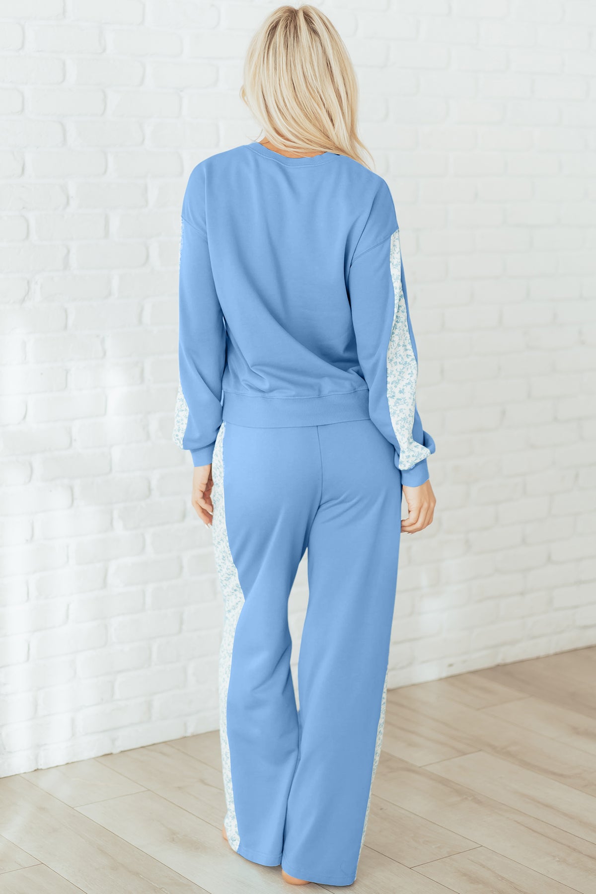 Beau Blue Floral Patchwork Pullover and Sweatpants Lounge Set