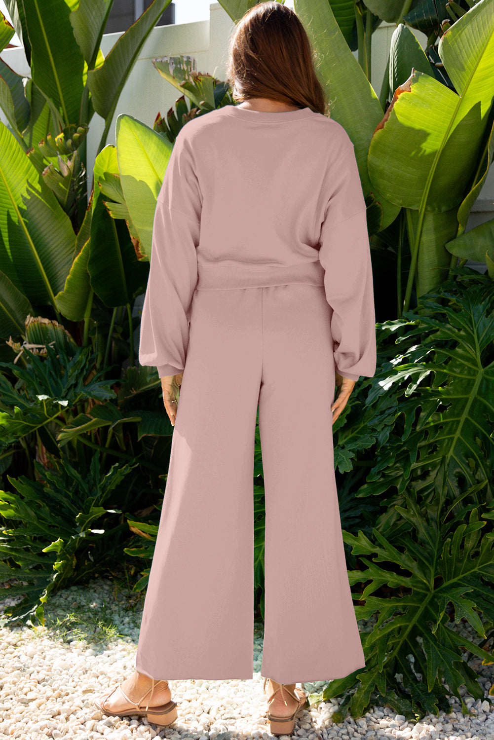 Women's Mist Blue Drop Shoulder Puff Sleeve Crop Pullover Wide Leg Pants Set