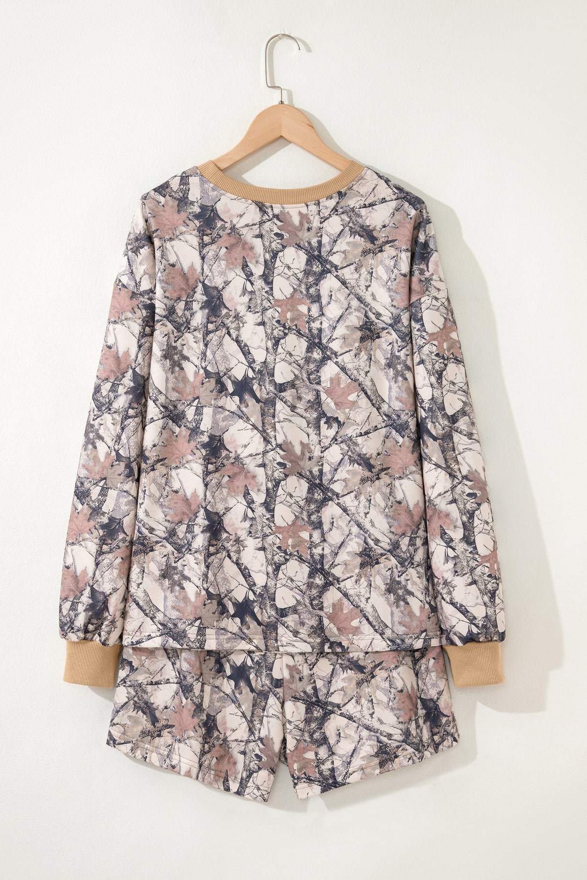 Women's Khaki Woodland Camo Print Long-Sleeve Top Shorts Two-Piece Set