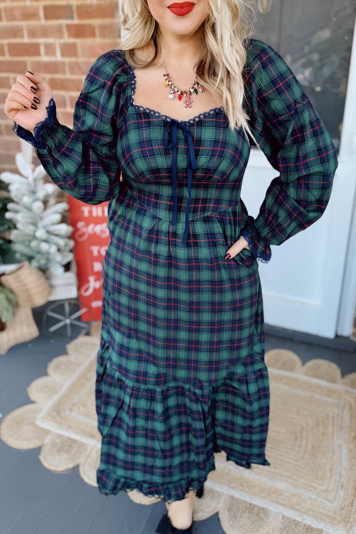 Green Plaid Lace Square-Neck Maxi Dress