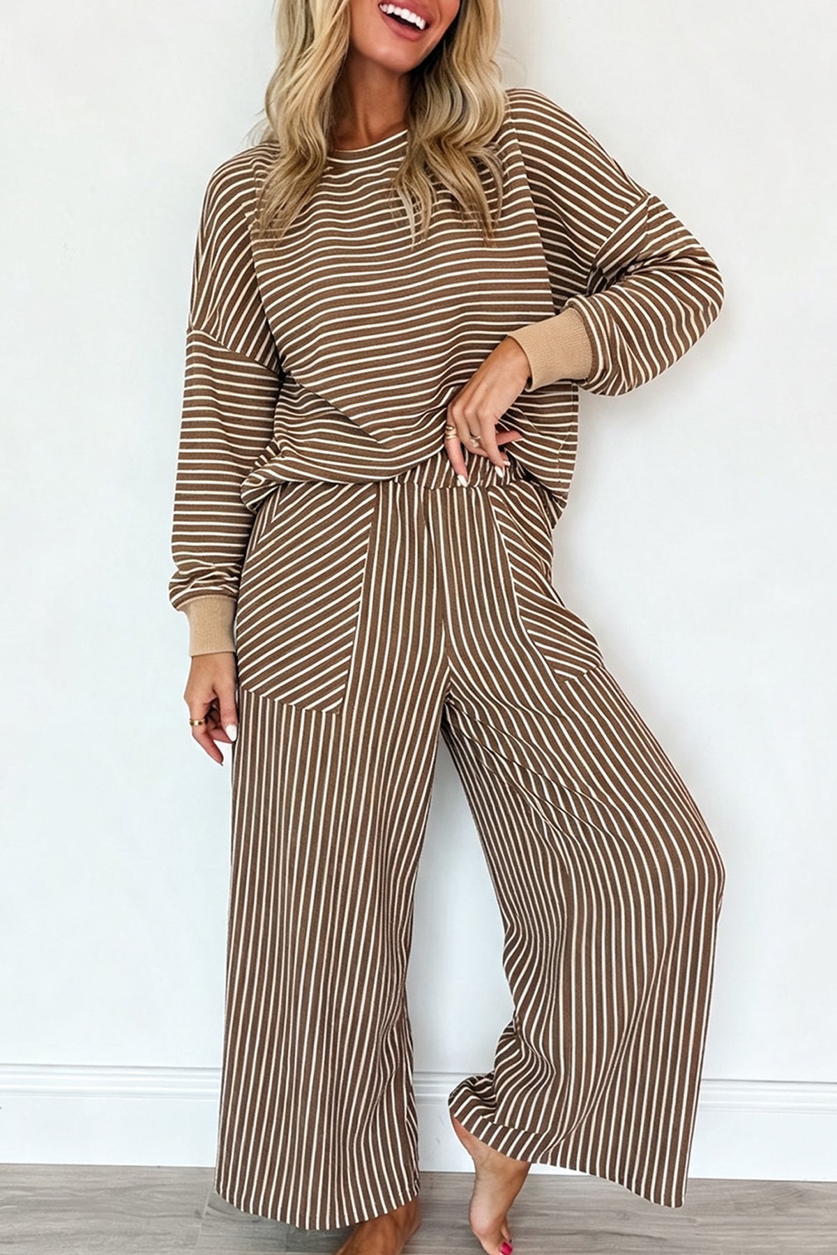 Black Stripe Twist Front Pullover and Pants Set