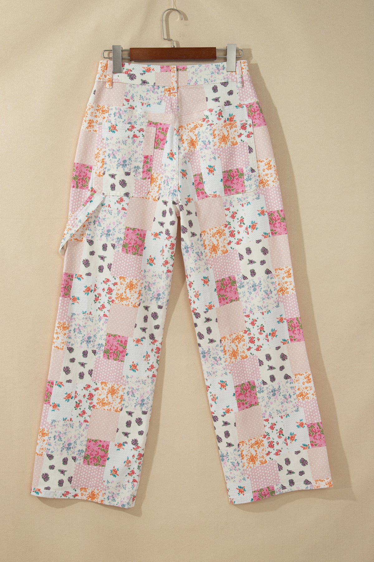 Pink Floral Patchwork Wide Leg Full-Length Jeans