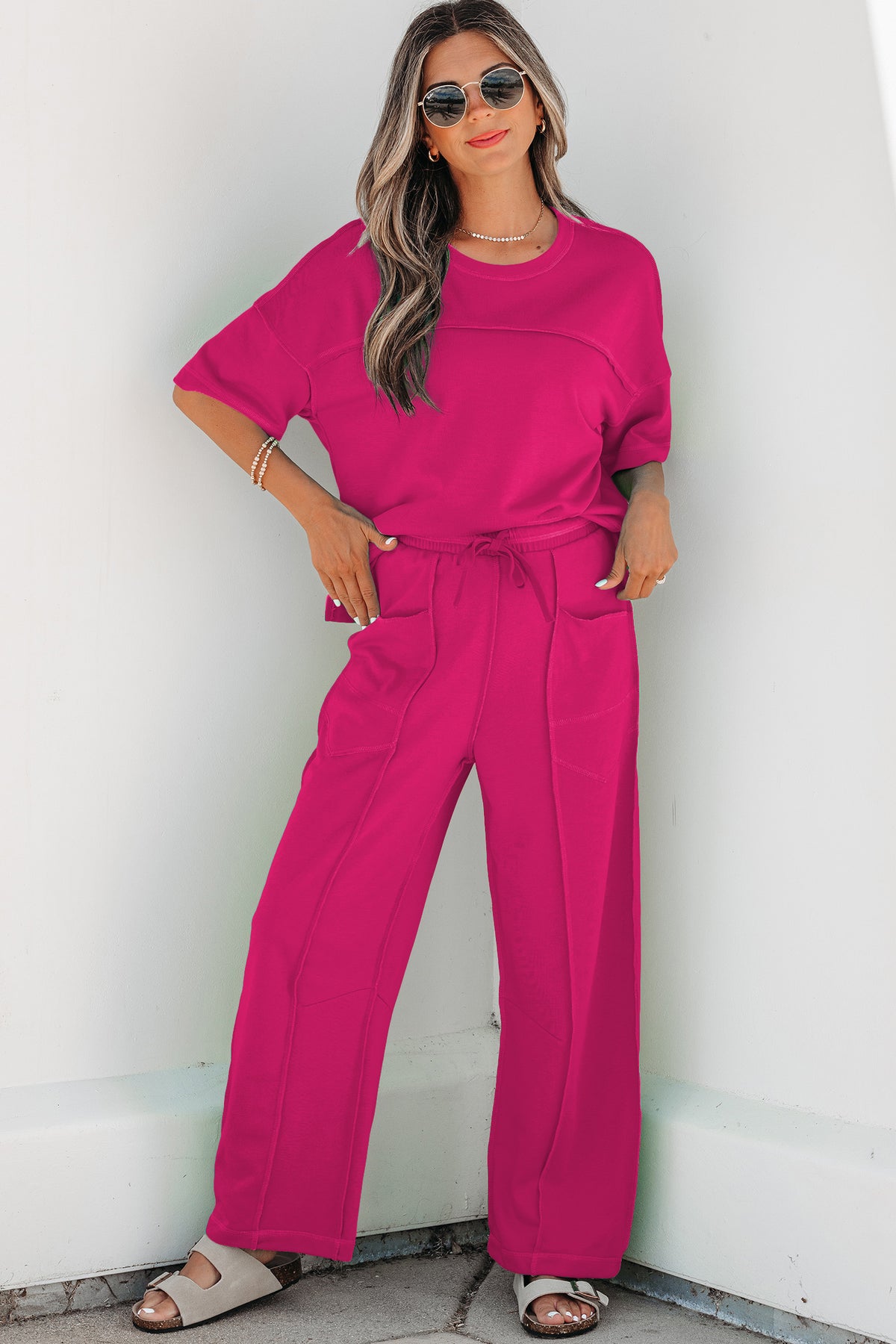 Women's Rose Red Drop Shoulder Boxy Tee and Barrel Pants Set