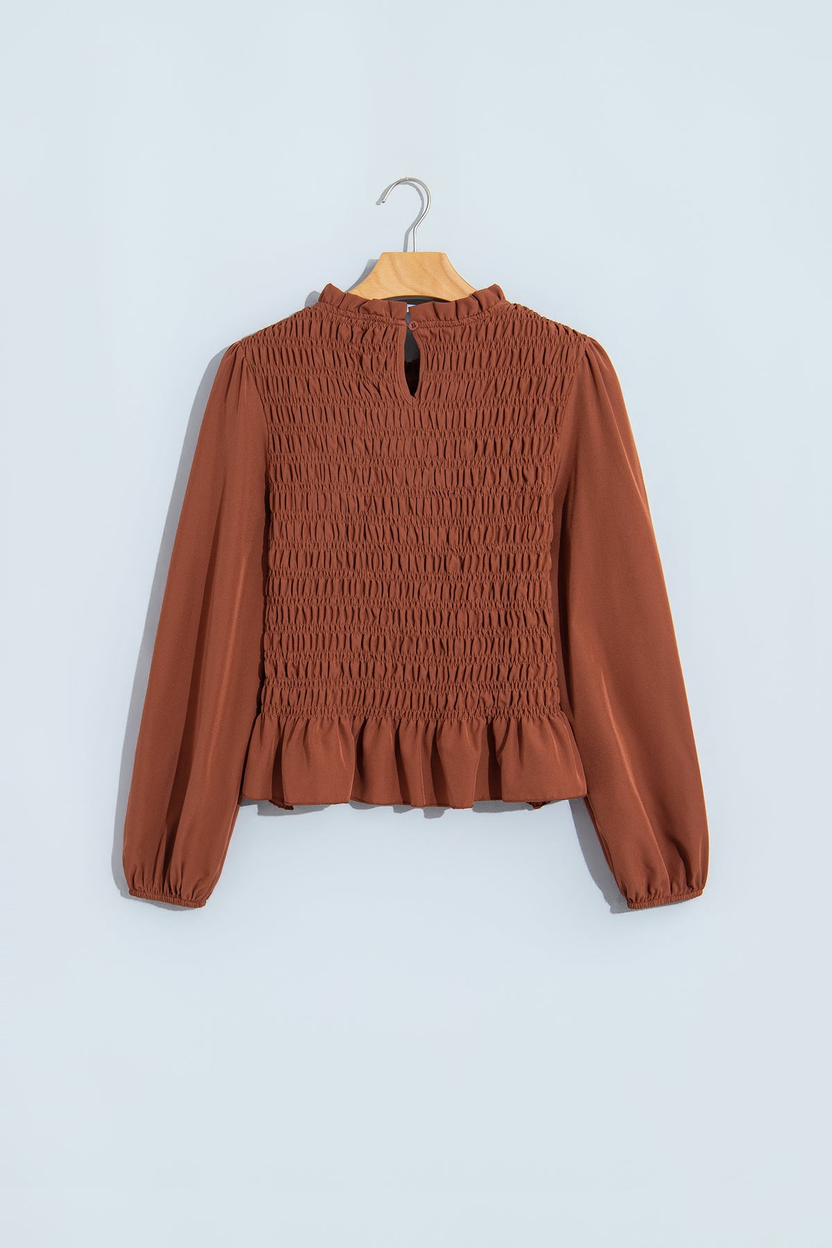 Coffee Solid Color Smocked Ruffle Hem Blouse