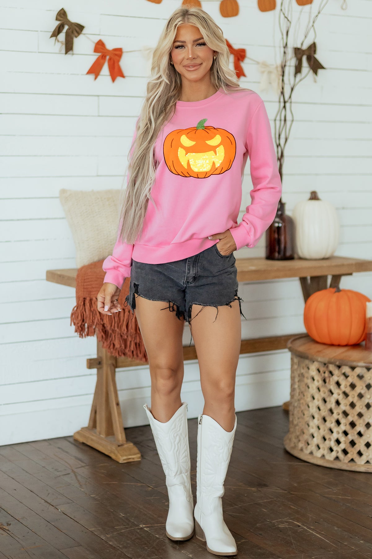 Pink Embroidered Pumpkin Face Round Neck Sweatshirt