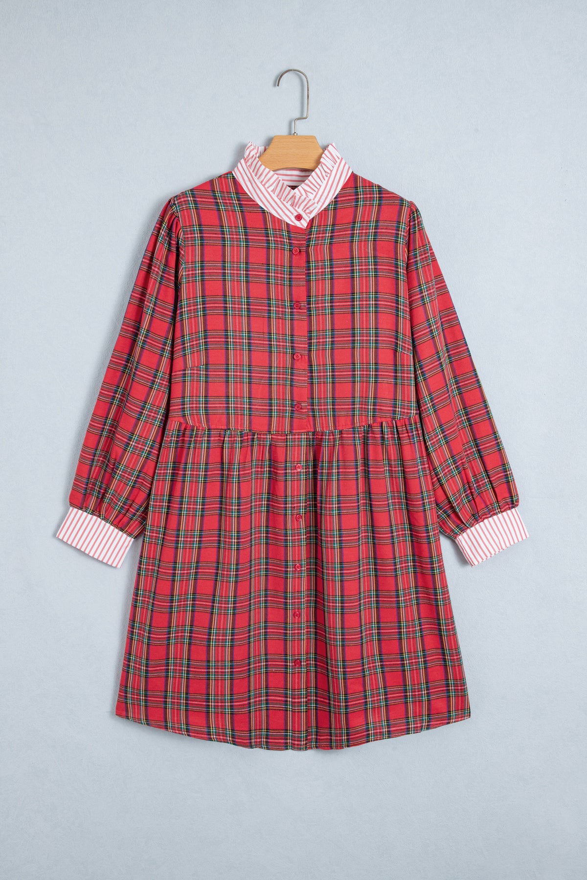 Red Plaid Striped V Neck Collar Cuff Shift Plus Size Dress