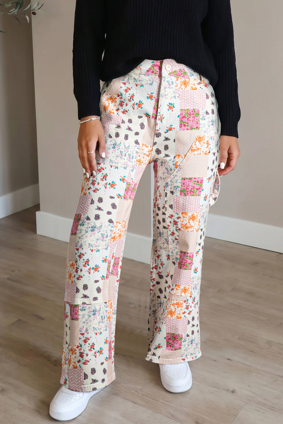 Pink Floral Patchwork Wide Leg Full-Length Jeans