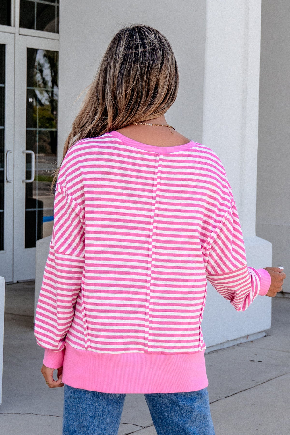 Pink Stripe Textured Knit Color Block Trim Top