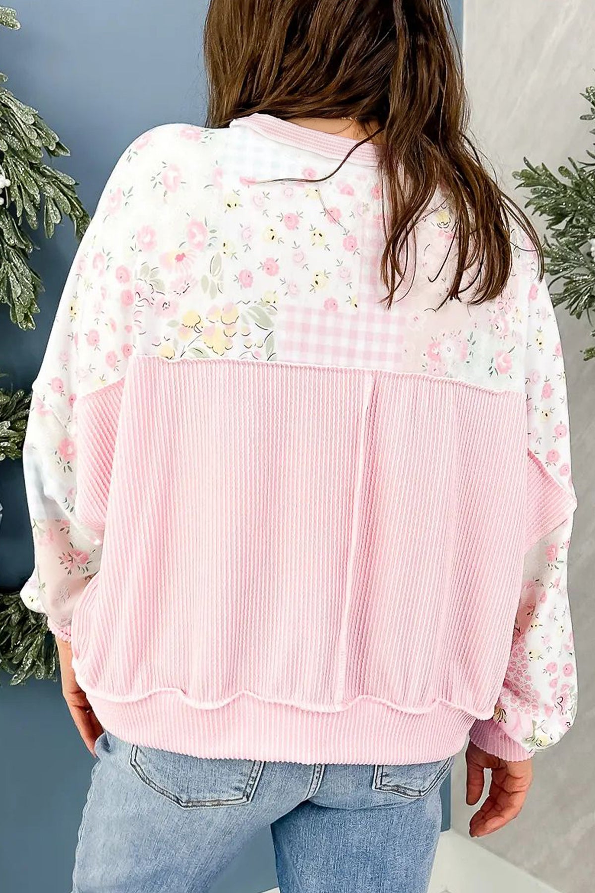 Pink Twisted Ribbed Trim Floral Print Patchwork Top