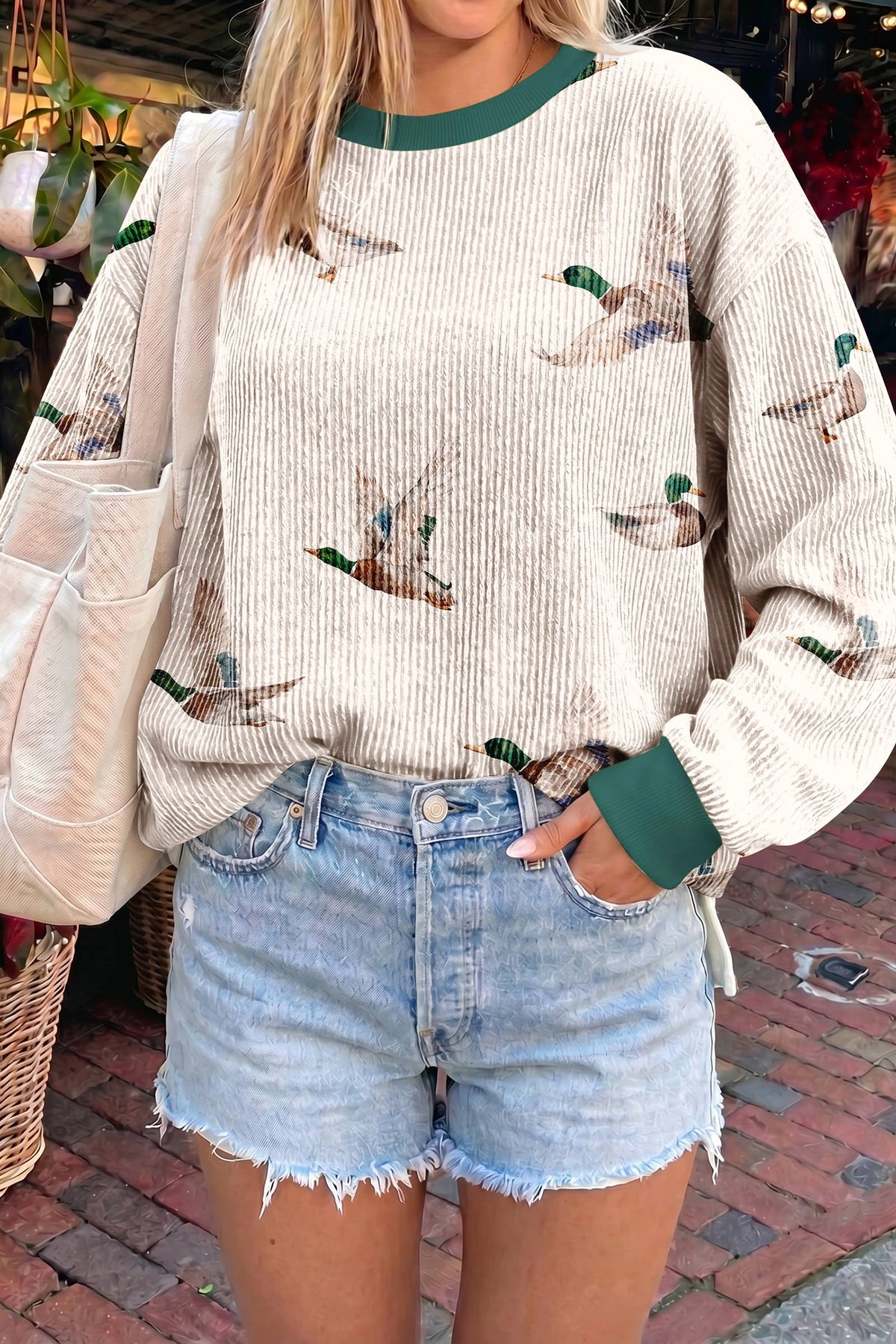 Beige Twisted Ribbed Duck Print Crewneck Top