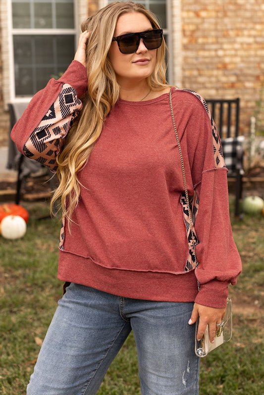 Redwood Burl Aztec Patchwork Plus Size High Low Sweatshirt
