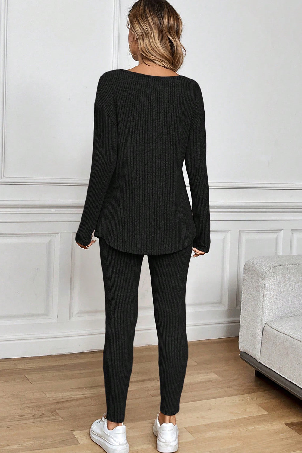 Racing Red Ribbed Notched Neck Knit Top and Leggings Lounge Set