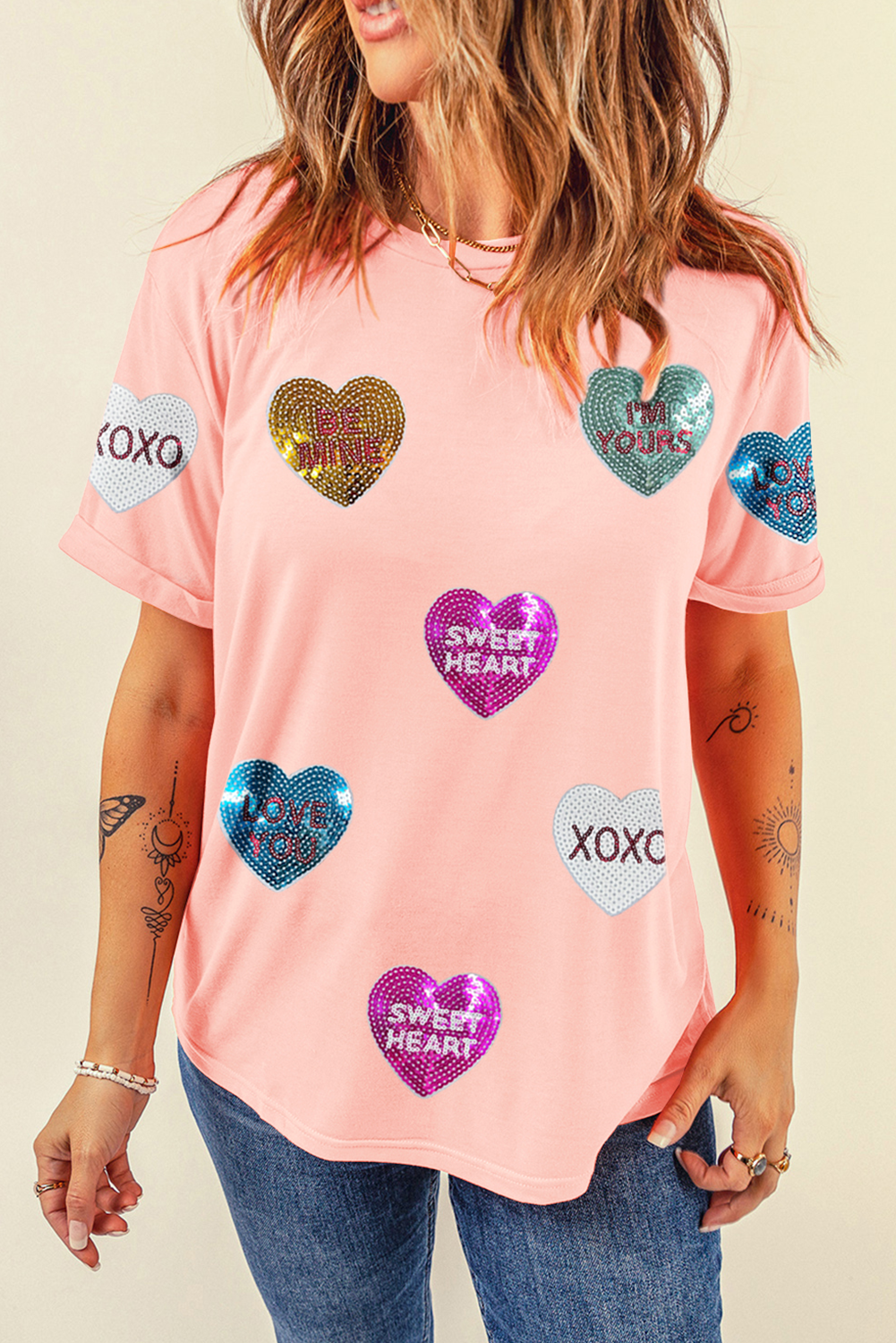 Pink Sequin Valentines Lettering Heart Patched Crewneck T-Shirt