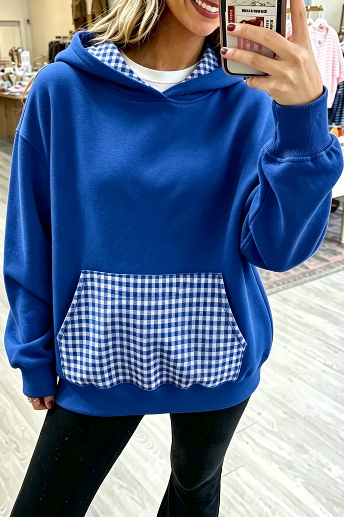 Racing Red Plaid Patchwork Front Pocket Hoodie
