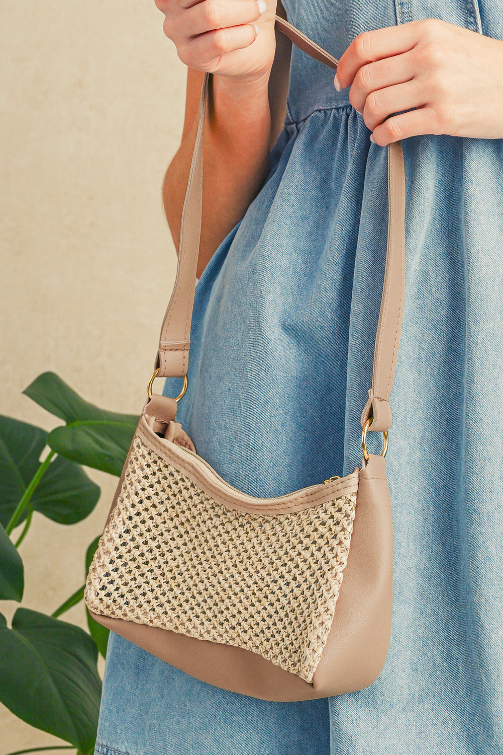 Khaki Straw Woven PU Leather Patchwork Shoulder Bag