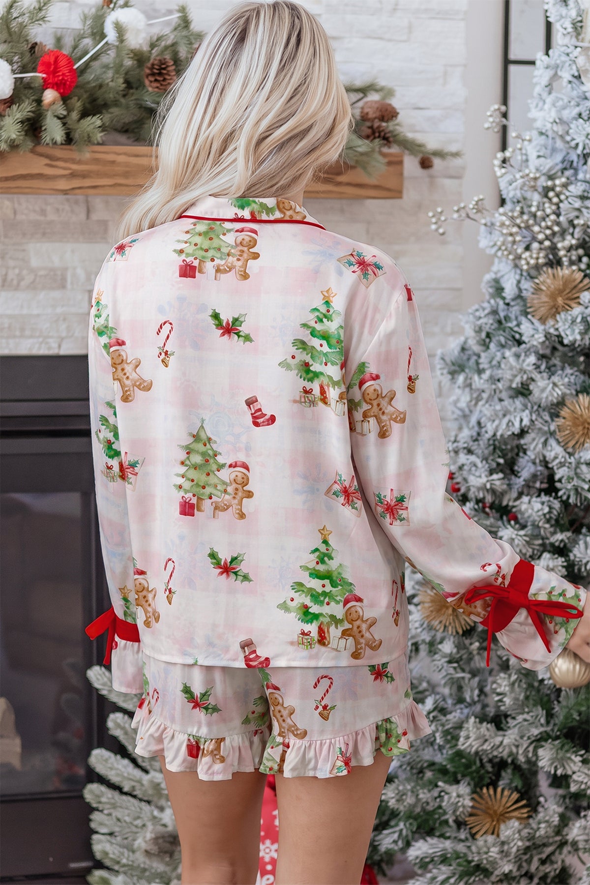 Pink Abstract Christmas Print Long Sleeve Shift Lounge Set