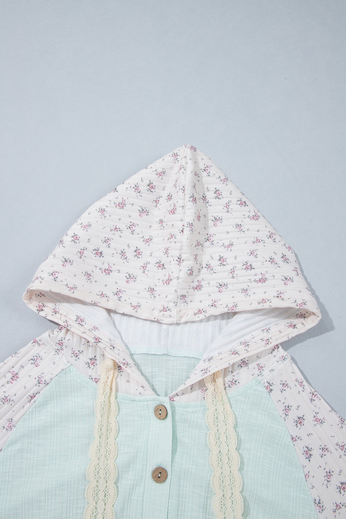 Clearly Aqua Textured Floral Patchwork Button Hooded Top