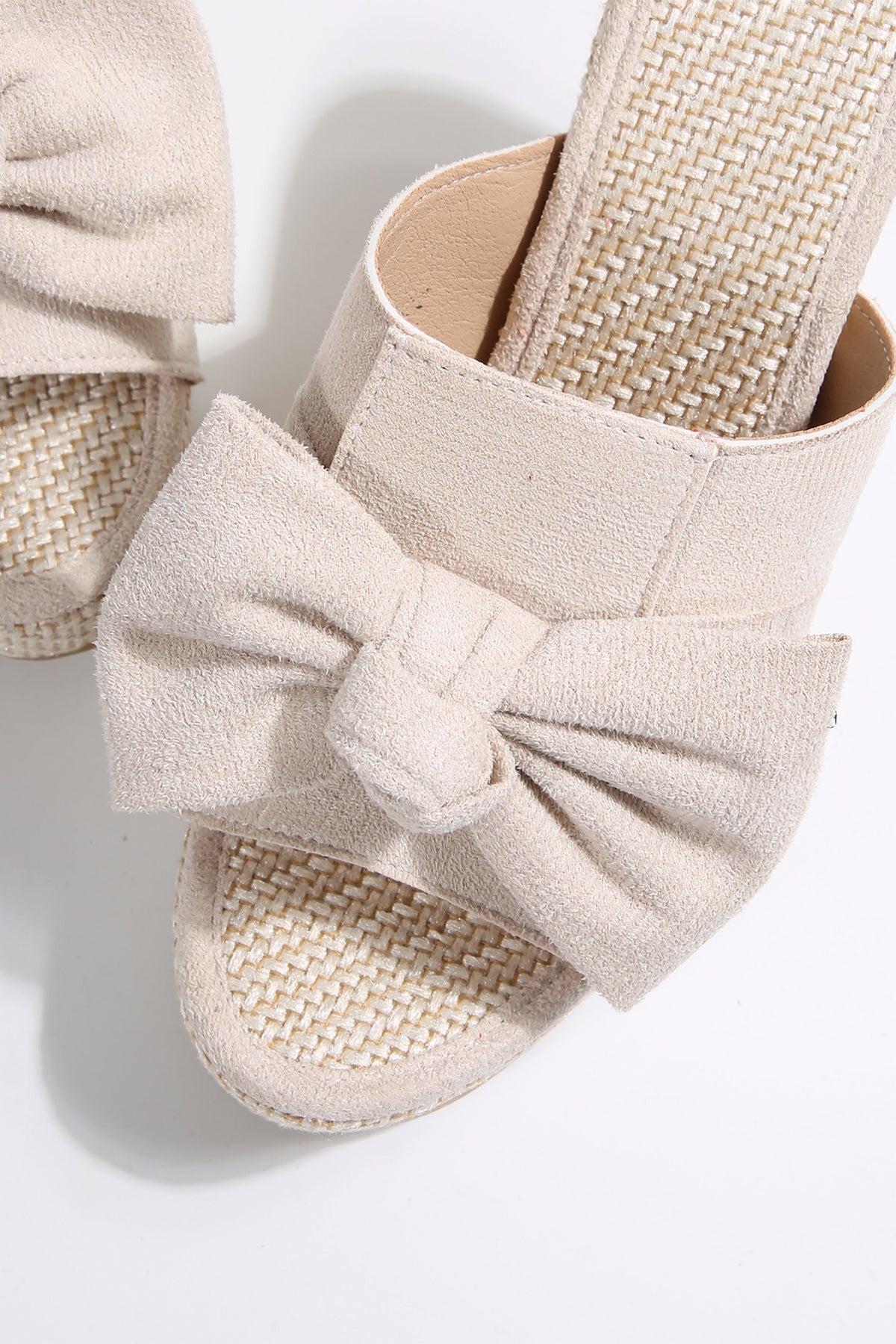 Oatmeal Bow-Knot Studded Wedge Sandals