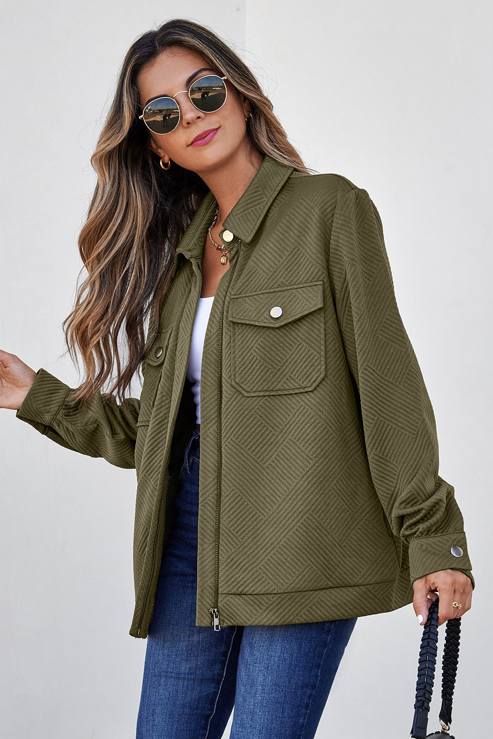 Blackish Green Zip Up Button Flap Pocket Shirt Collar Jacket