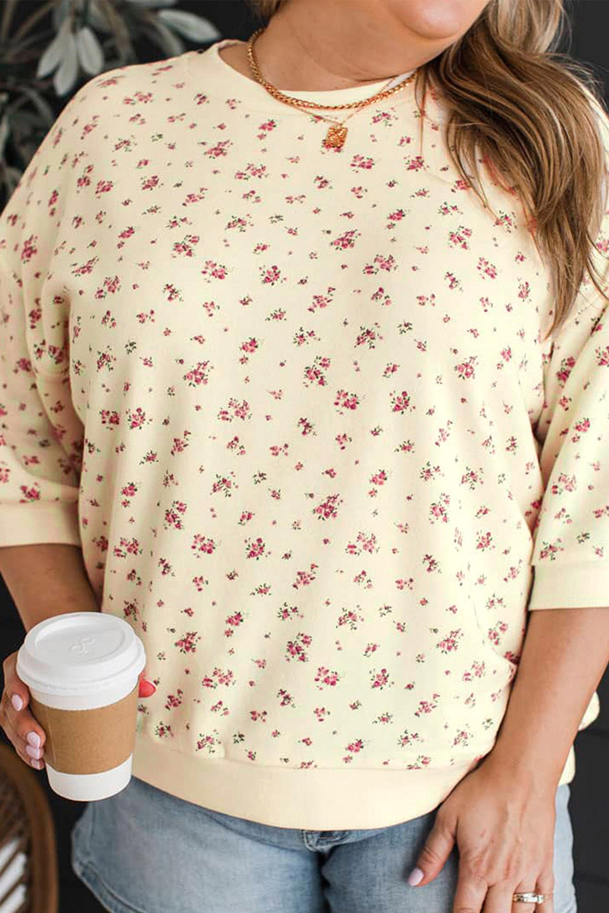 Beige Floral Print Color-Block Cuffs Hem Plus Size Blouse