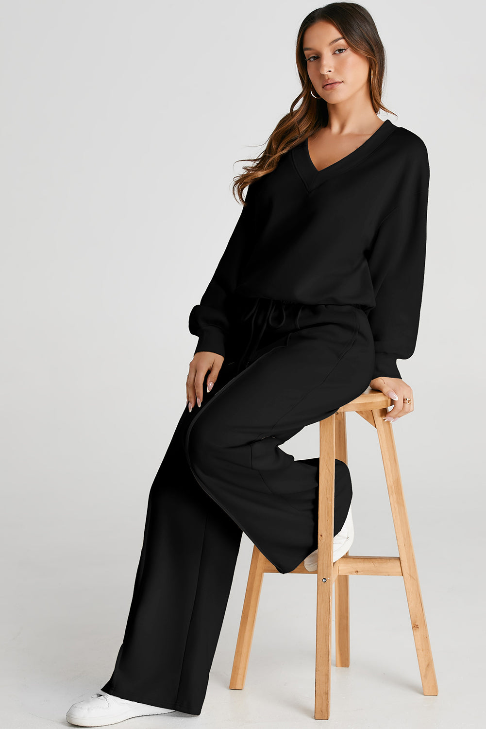 Black V Neck Cropped Seamed High Waist Activewear Set
