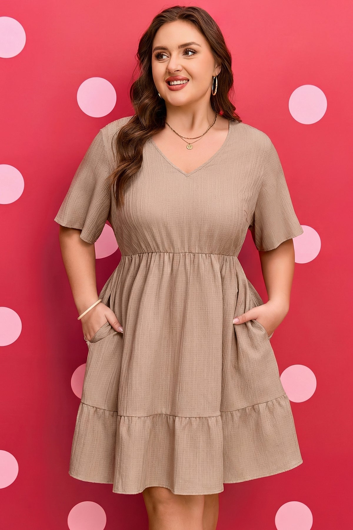 Dark Khaki Plus Size Textured Ruffled Short-Sleeve Dress