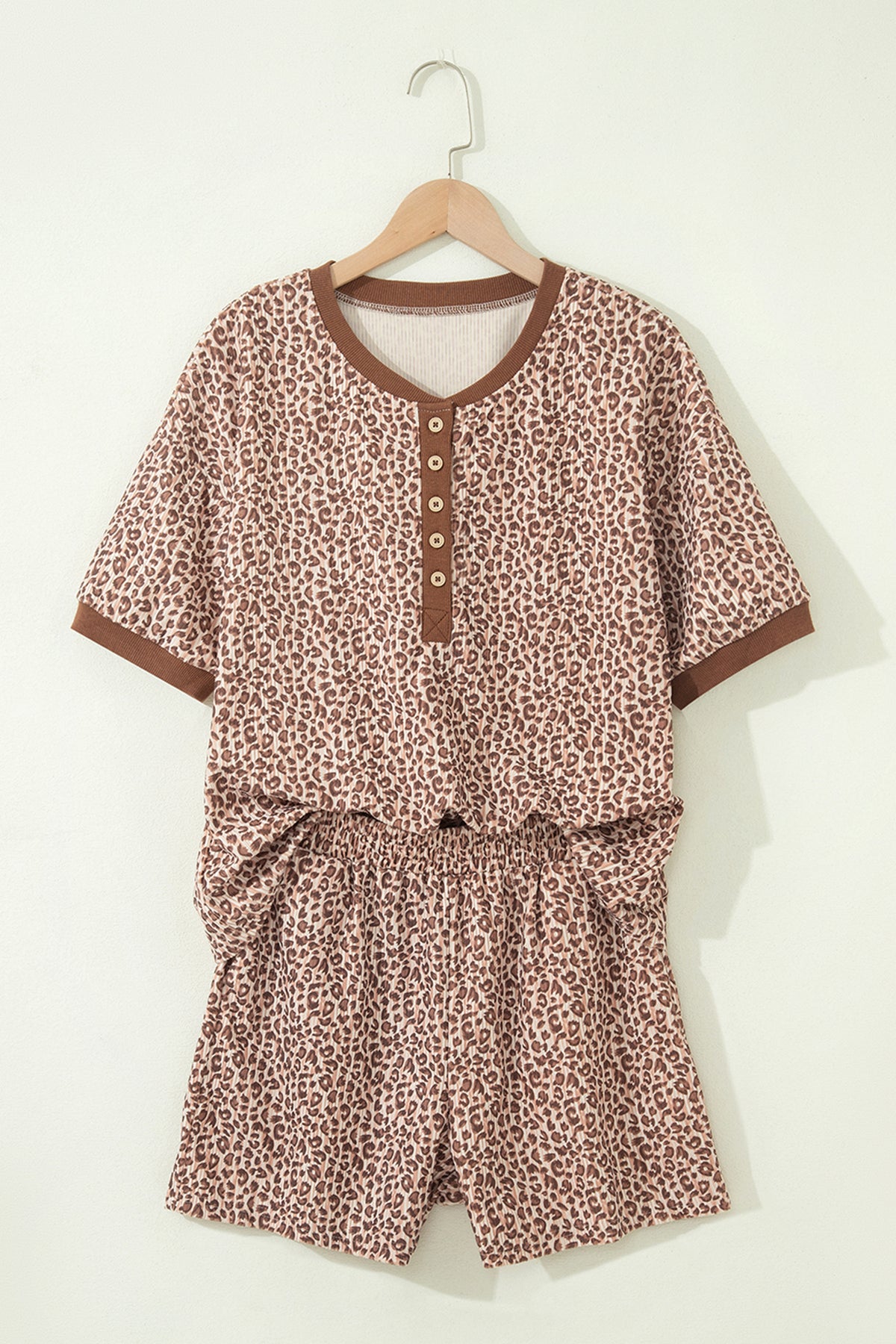 Women's Brown Leopard Print Ribbed Patchwork Half Button Tee Short Two-Piece Set