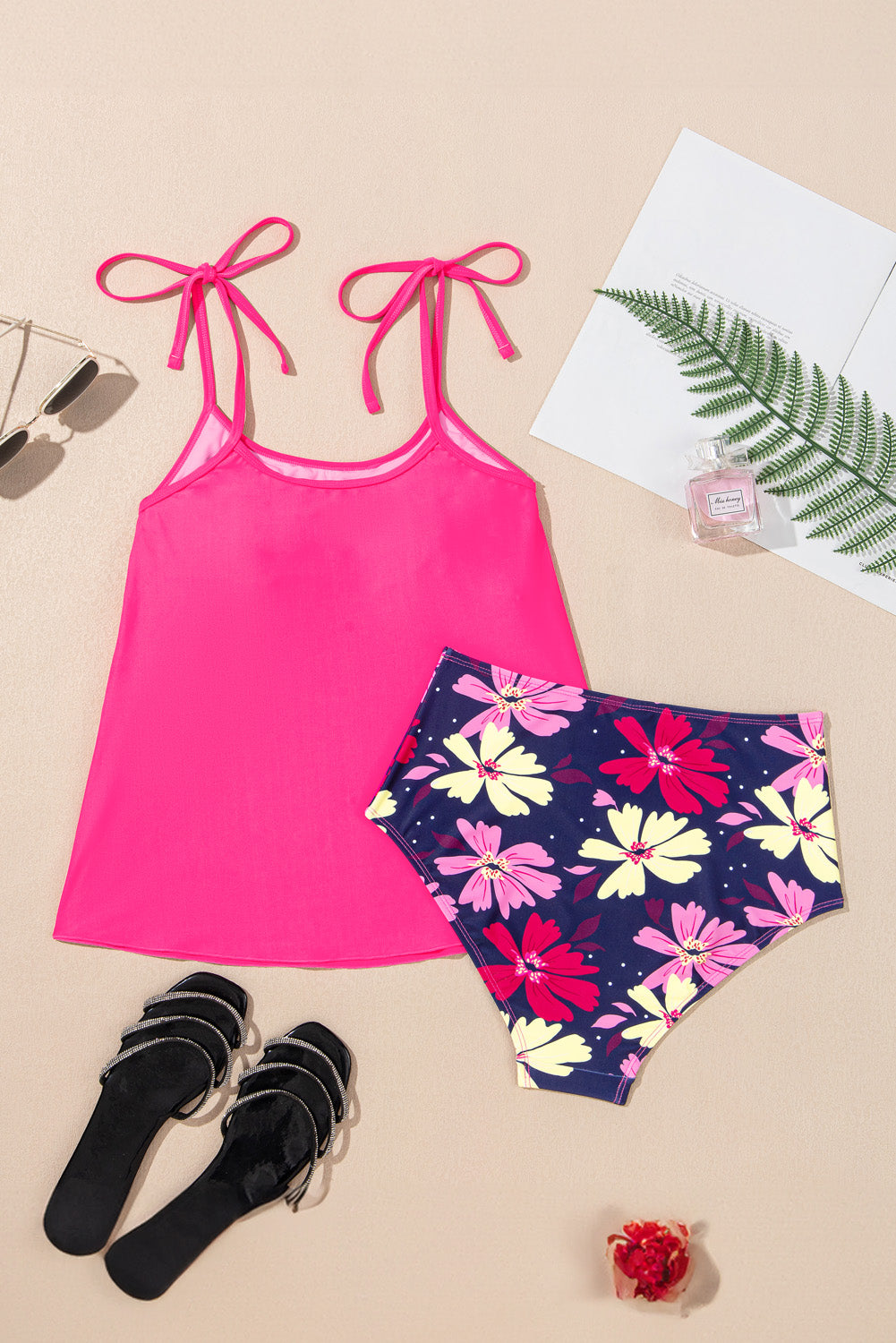 Rose Red Floral Tie-Shoulder Tankini Set