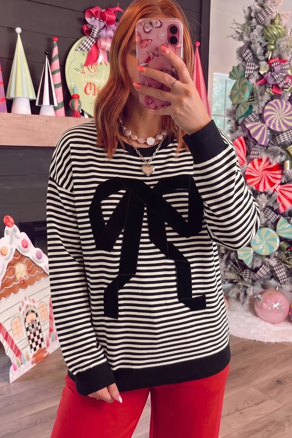 Black Stripe Velvet Bow Pattern Dropped Shoulder Sweatshirt