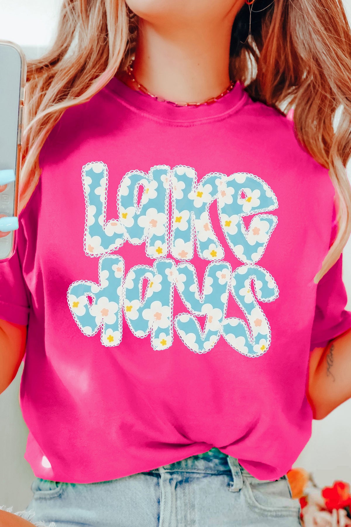 Rose Red LAKE DAYS Floral Lettering T-Shirt