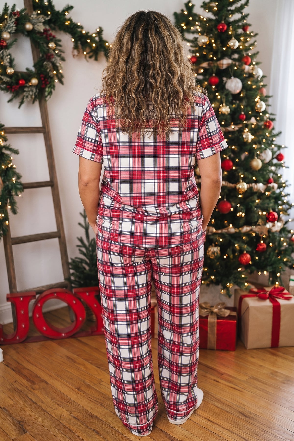 Red Plus Size Button Down Plaid Pajama 2-Piece Pant Set